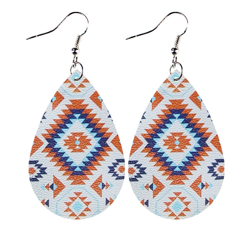Wholesale Western Style Ethnic Totem Pattern Striped Leather Drop Shape Women's Earrings