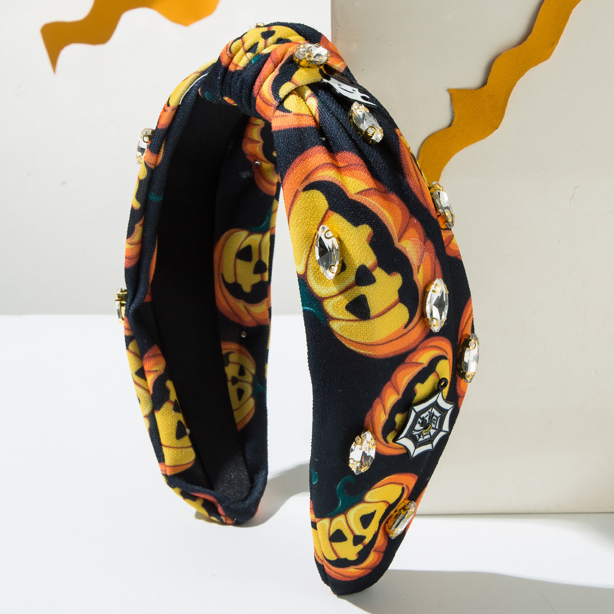 Wholesale New Halloween Print Spider Web Fabric Hair Ornament with Diamond Sticky Pumpkin Demon Headband
