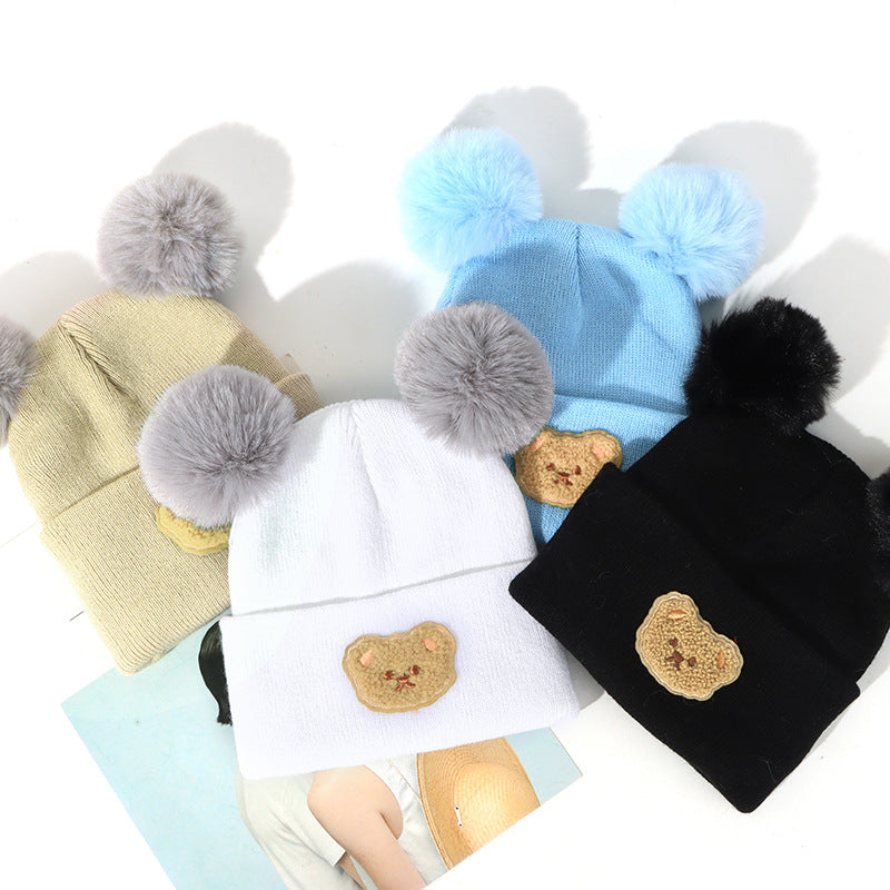 Wholesale Children's Fur Ball Knitted Hat Bear Embroidered Warm Woolen Hat