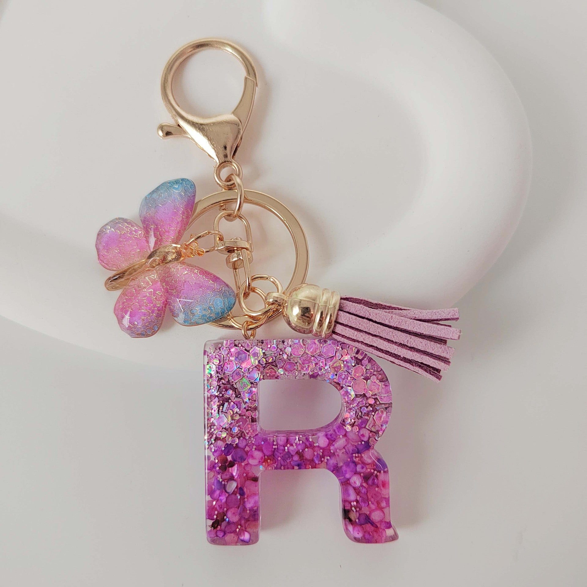 Wholesale Purple Illusion Color Double Glue Letter Glitter Tassel Keychain
