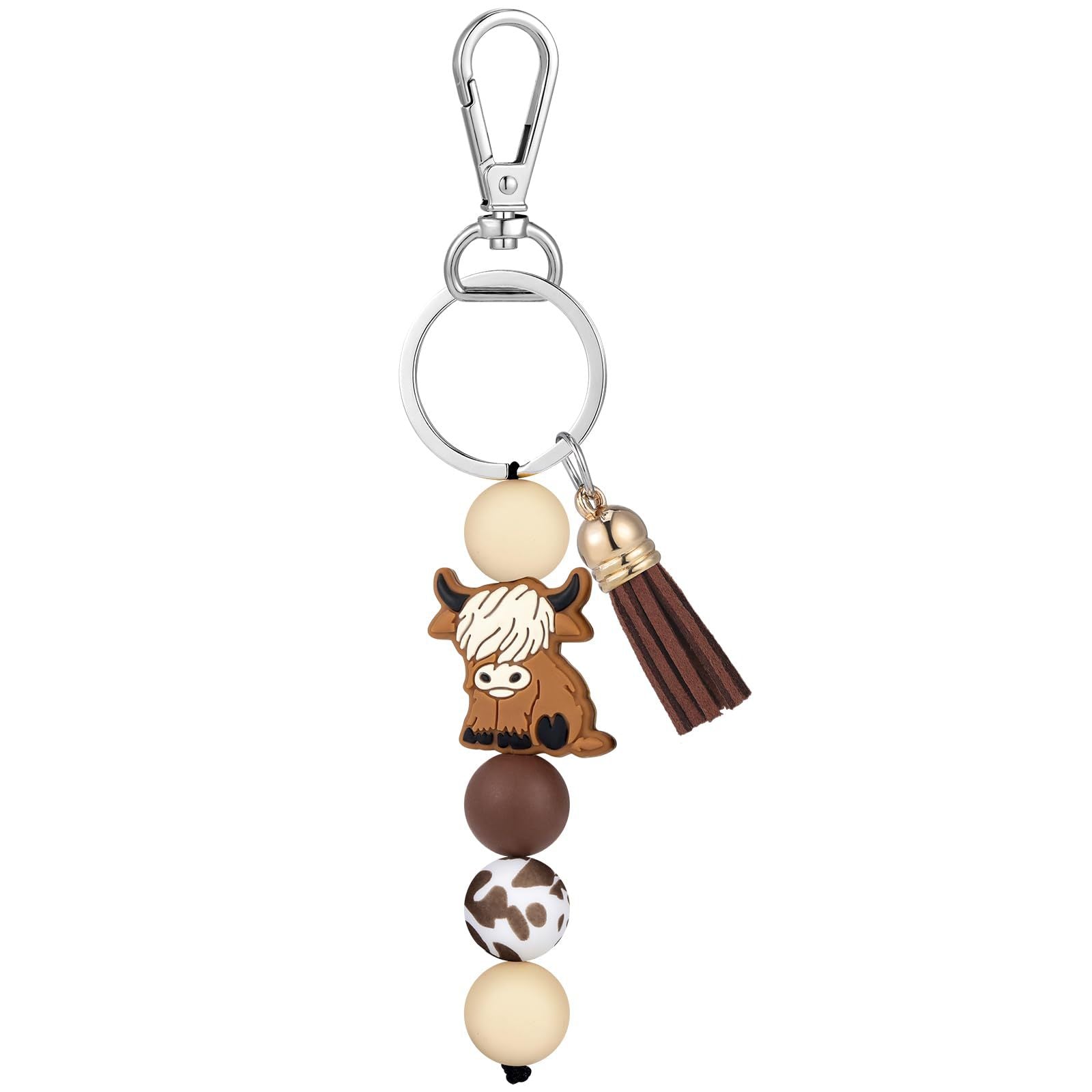 Wholesale Stylish Yak Cow Silicone Bead Tassel Keychain Spot Print Mountain Cow Pendant For Backpack Car Key And Birthday Gift Giving