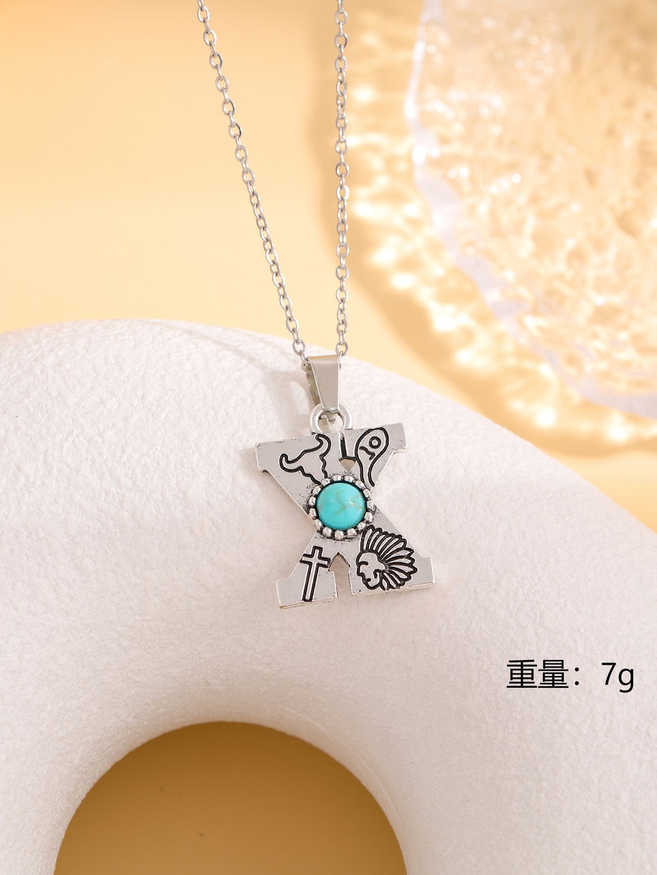 Wholesale Western stainless steel chain cactus turquoise letter necklace