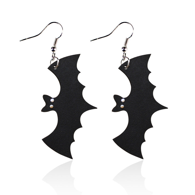 Wholesale Black Cat Skull Bat Leather Earrings