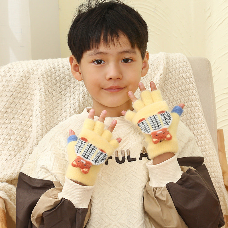 Wholesale Winter Thickened Children's Cartoon Panda Half Finger Flip Gloves