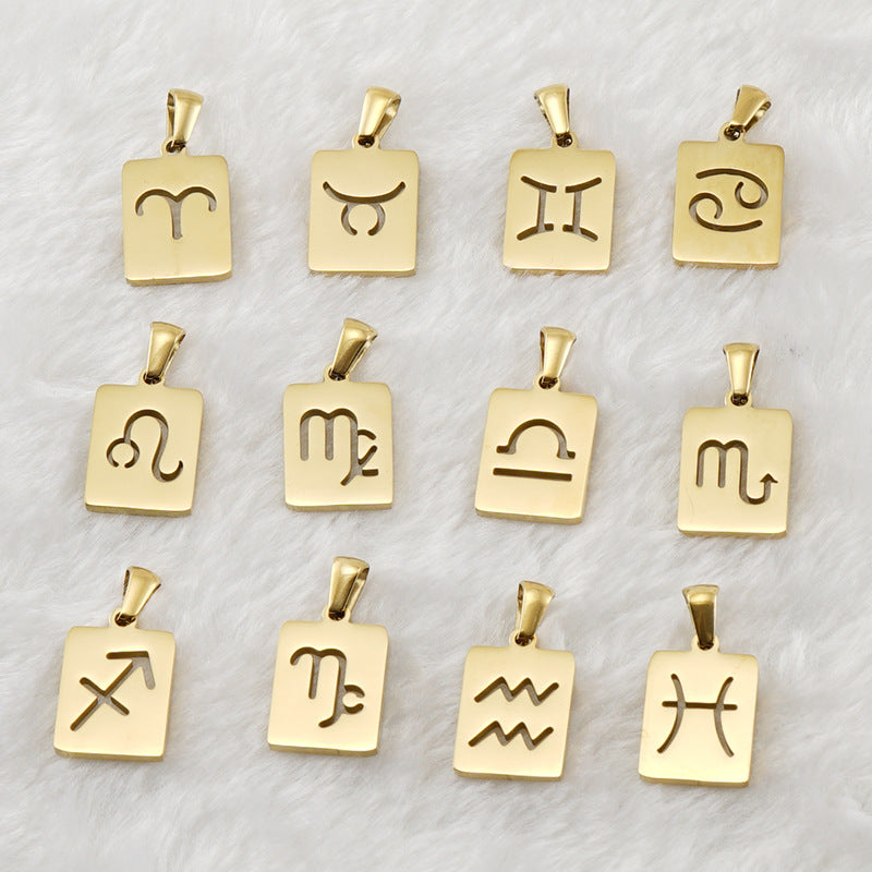 Wholesale Stainless Steel 18K Gold Square Hollow Twelve Constellation Pendants Necklaces
