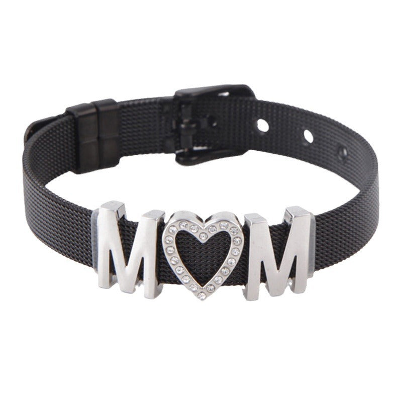 Wholesale Stainless Steel Mesh Adjustable Length Strap Style Diamond Love Letter MOM Mother's Day Bracelet