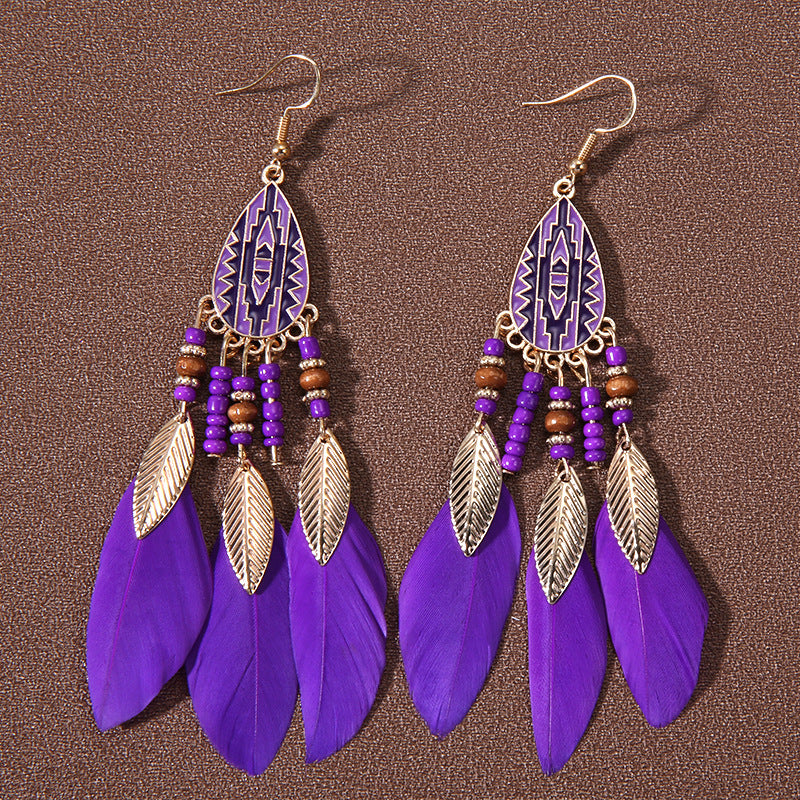 Wholesale Water drop tassel feather earrings long Bohemian rice beads ethnic style earrings