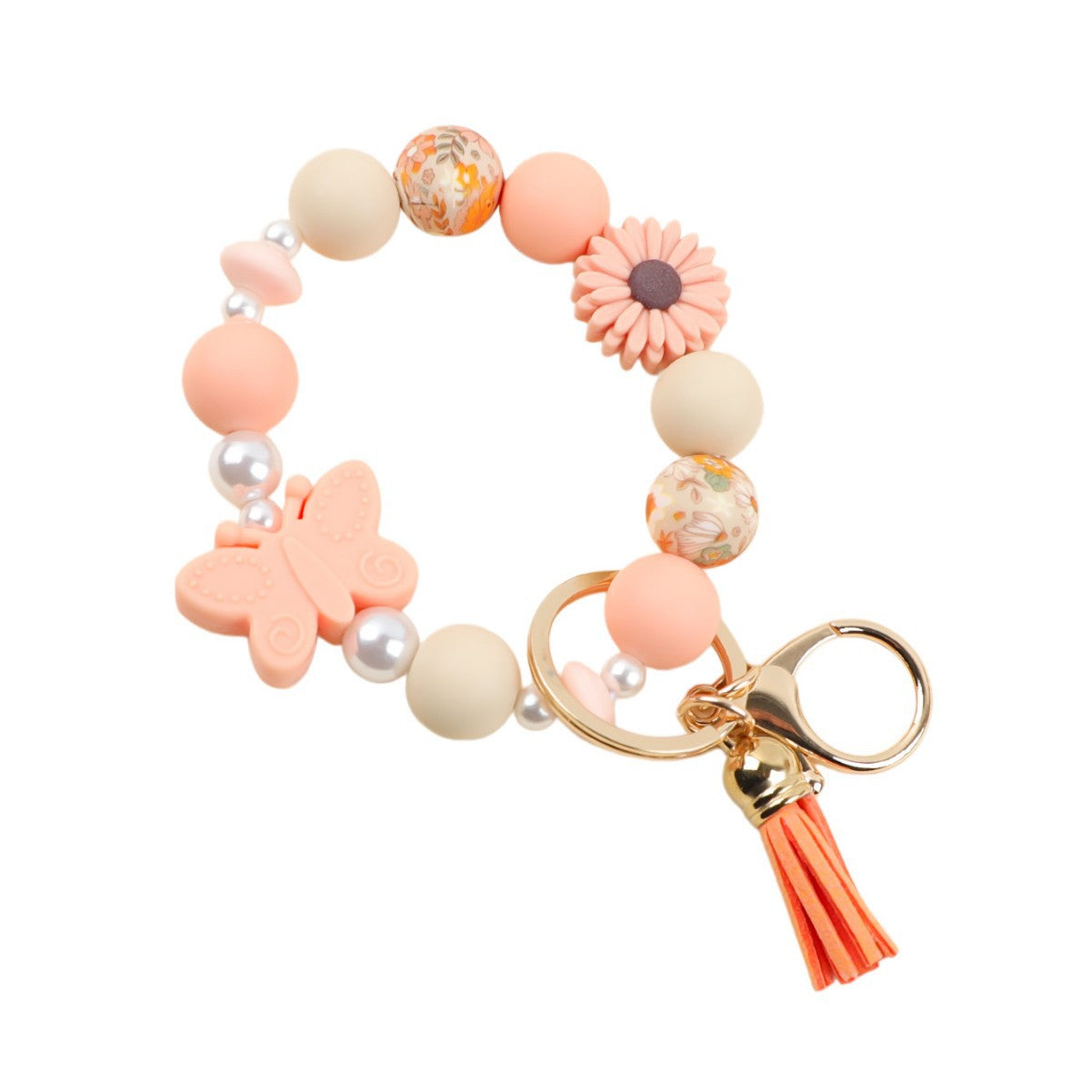 Wholesale  silicone printed wooden bead keychain bracelet key pendant
