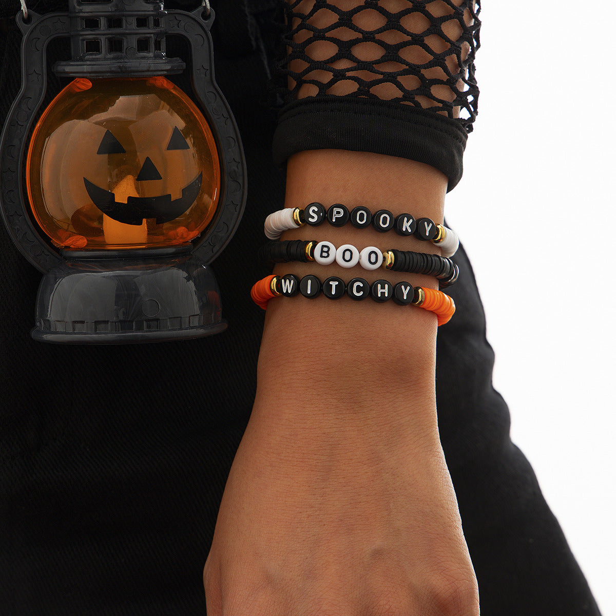 Wholesale Halloween Soft Clay Elastic Dark Style Pumpkin Head Letter Bracelet