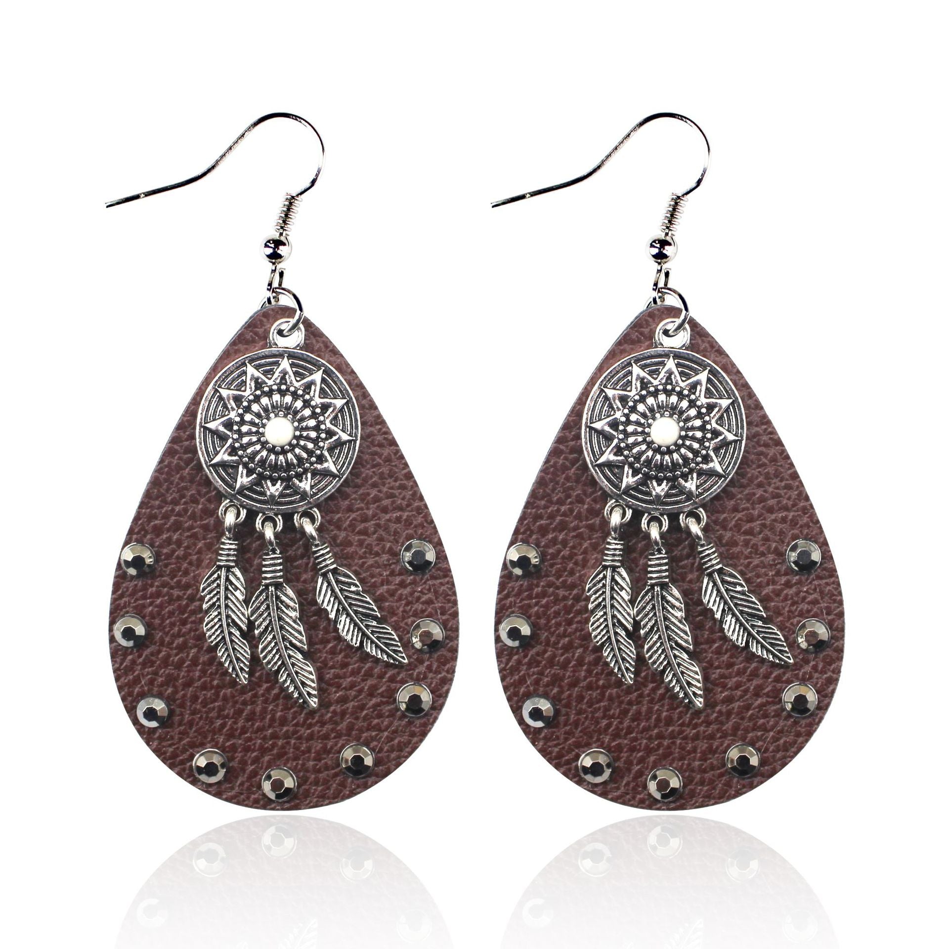 Wholesale Boho Feather Leather Drop Earrings