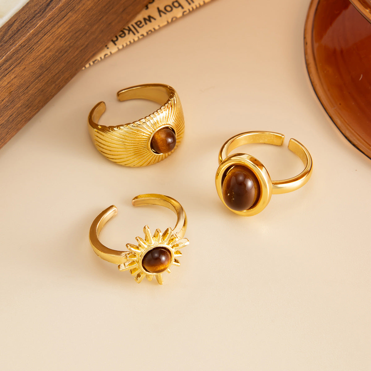 Wholesale Micro-painted Tiger' s Eye Lava Open Ring Set