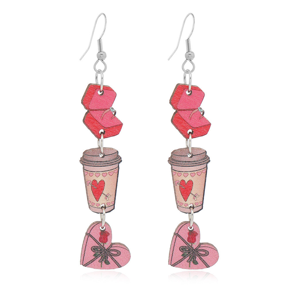 Wholesale Valentine's Day Love Gift Boxes, Water Cup Printed Wooden Earrings