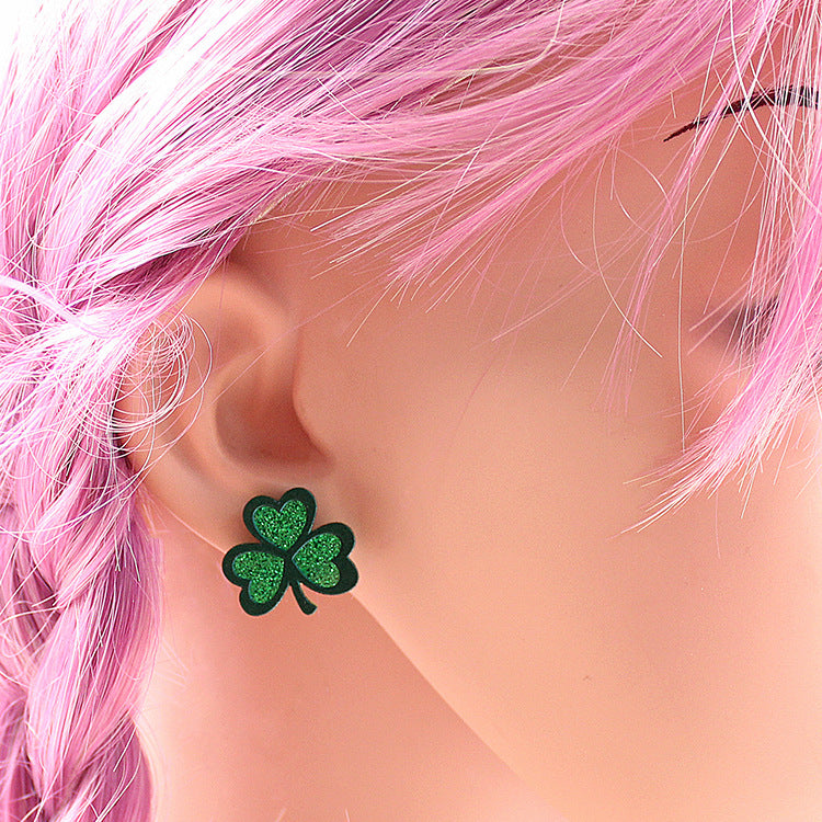 Wholesale  four-leaf clover ear studs UV printing green glitter cute ear studs acrylic ear studs