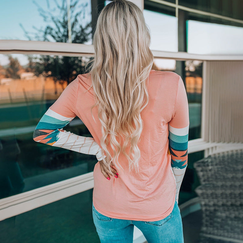 Wholesale Women's Contrasting Long Sleeved Round Neck Striped Polyester Pullover