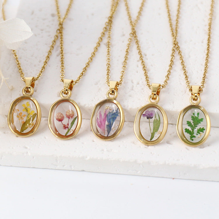 Wholesale 6pcs/pack Summer New Style True Flower Necklace Sweet Style Small Fresh Color True Flower Pendant Stainless Steel Resin Eternal Flower Jewelry
