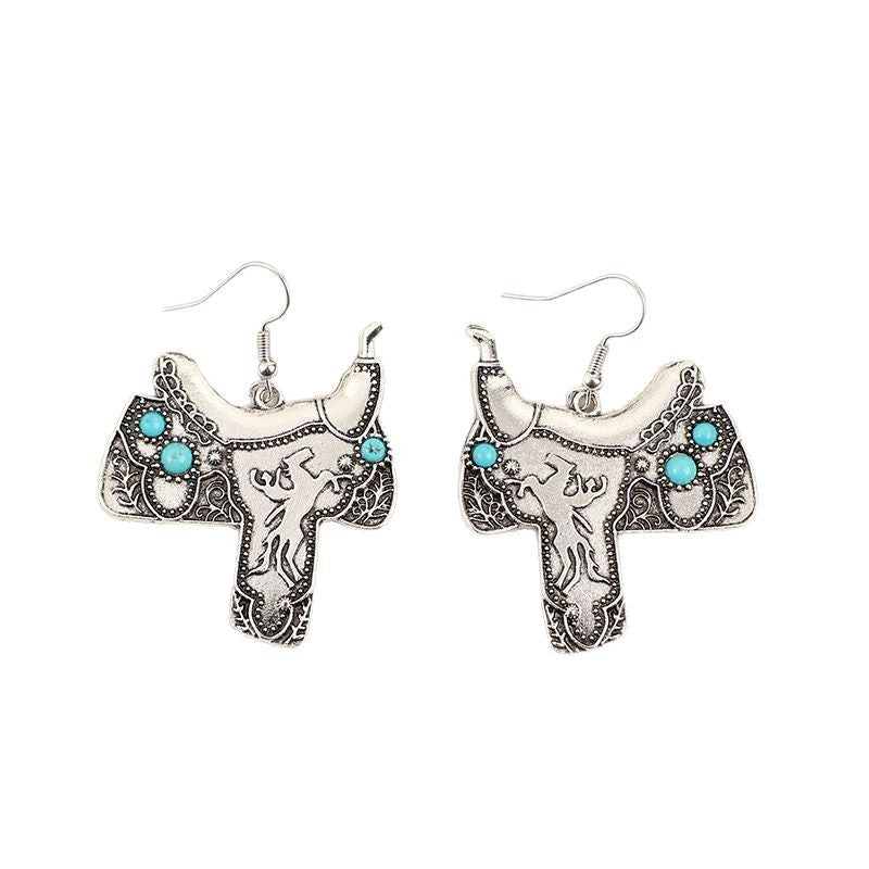 Wholesale Bohemian Western Style Saddle Inlaid Turquoise Alloy Earrings