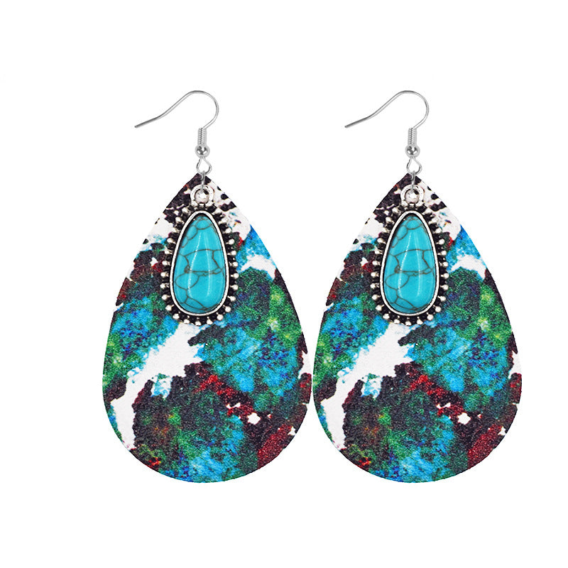 Wholesale Aztec Water Drop Alloy Turquoise Leather Earrings
