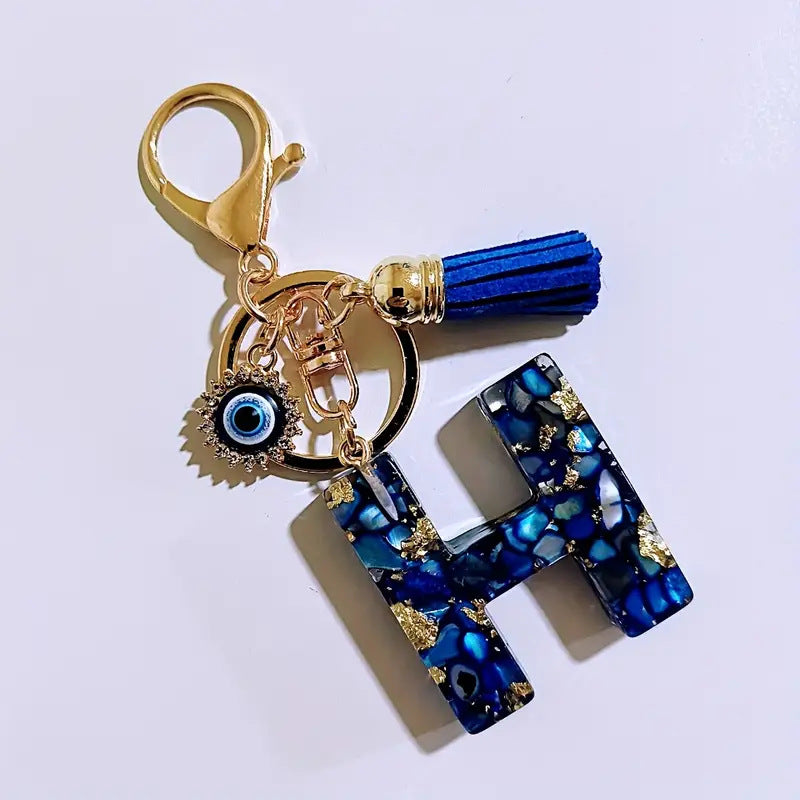 Wholesale Blue English letter Evil Eye tassel keychain