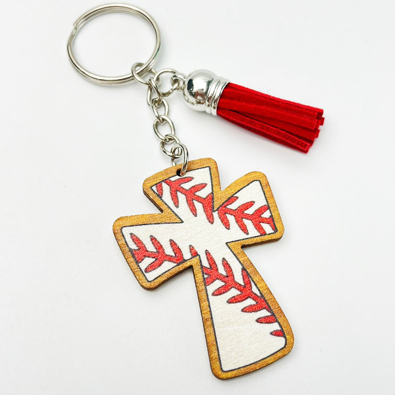 Wholesale 2pcs Football Basketball Faith Cross Wooden Vintage Keychain