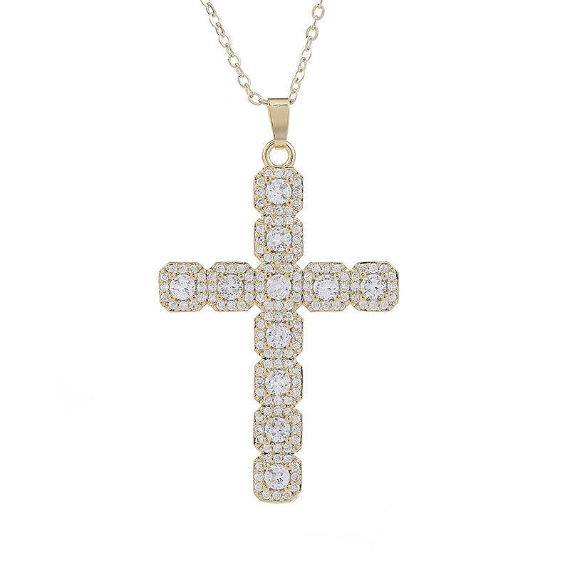 Wholesale Gut Light Luxury Copper Plated Real Gold Cross Necklace Super Flash Inlaid Zircon Ladies Necklace