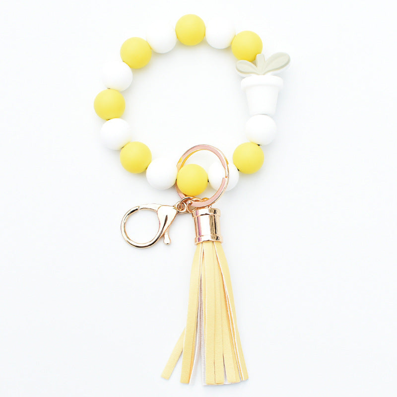 Wholesale Potted Silicone Beaded Leather Tassel Wrist Keychain