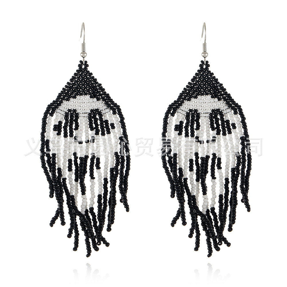 Wholesale Halloween Hand-woven Skull Pumpkin Tassel Rice Bead Earrings