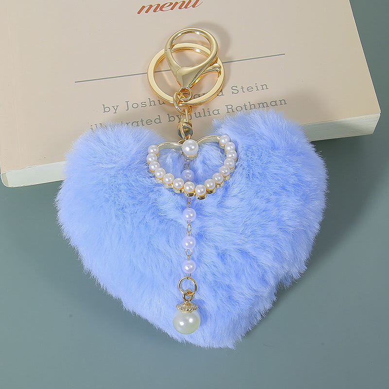 Wholesale Plush Peach Heart Pearl Love Heart Pom-Pom Keychain