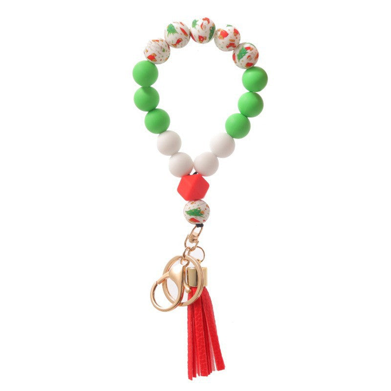Wholesale Christmas Silicone Beaded Tassel Wrist Keychain