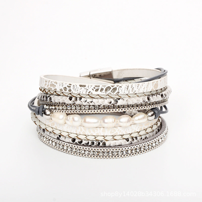 Wholesale Freshwater Pearl Cowhide Rope Bracelet with Diamond Multi-layer Magnet Buckle