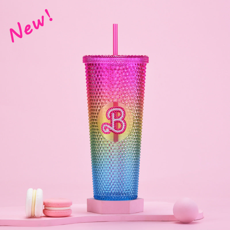 Wholesale double-layer plastic 710ml large capacity straw cup with hand durian diamond cup