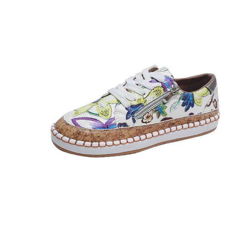Wholesale Flower Side Zipper Casual Shoes Flat Large Size  PU Women's Shoes