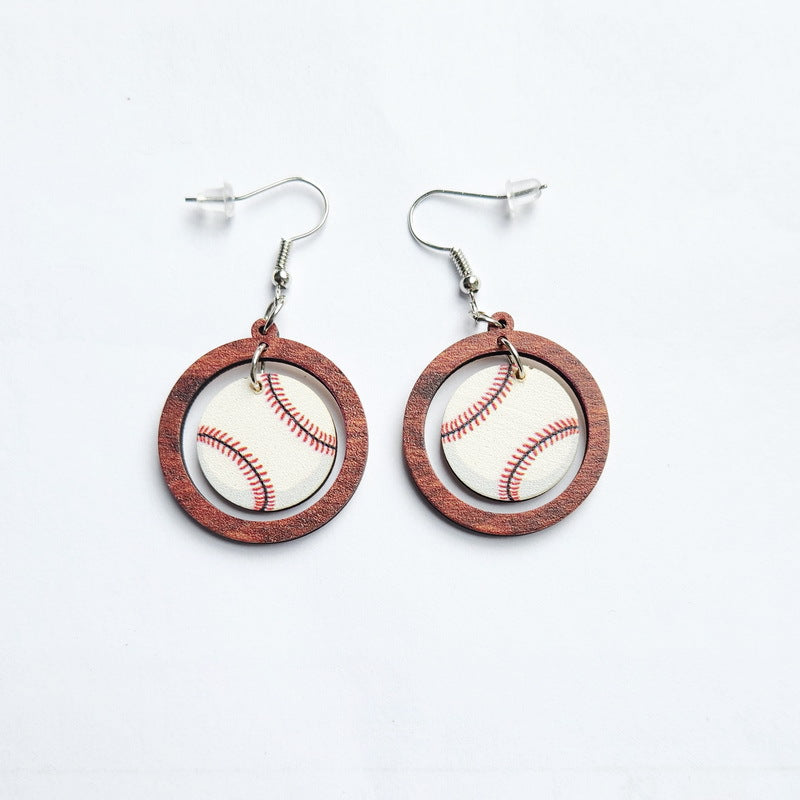 Wholesale Football World Cup Baseball Football Basketball Tennis Volleyball Wooden Ring Earrings