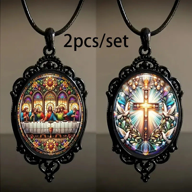 Wholesale Cross Pattern Black Frame Glass Necklace