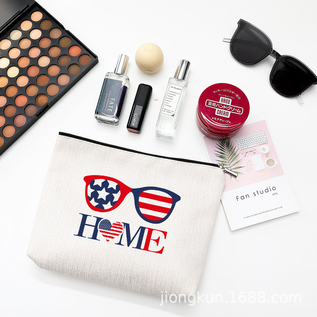 Wholesale Independence Day Waterproof Linen Cosmetic Bag