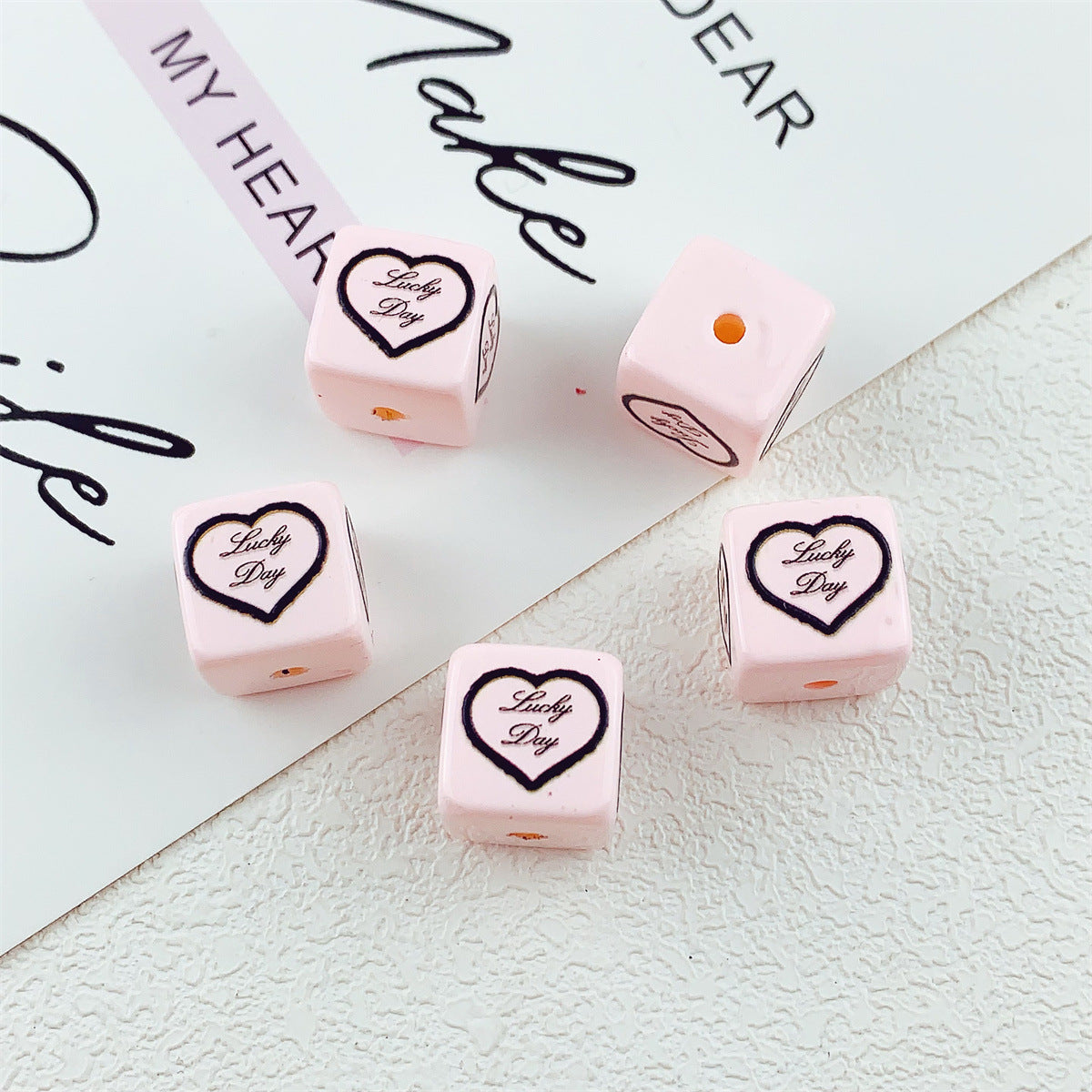 Wholesale 10pcs 14mm printed black and pink love bow flower square acrylic beads