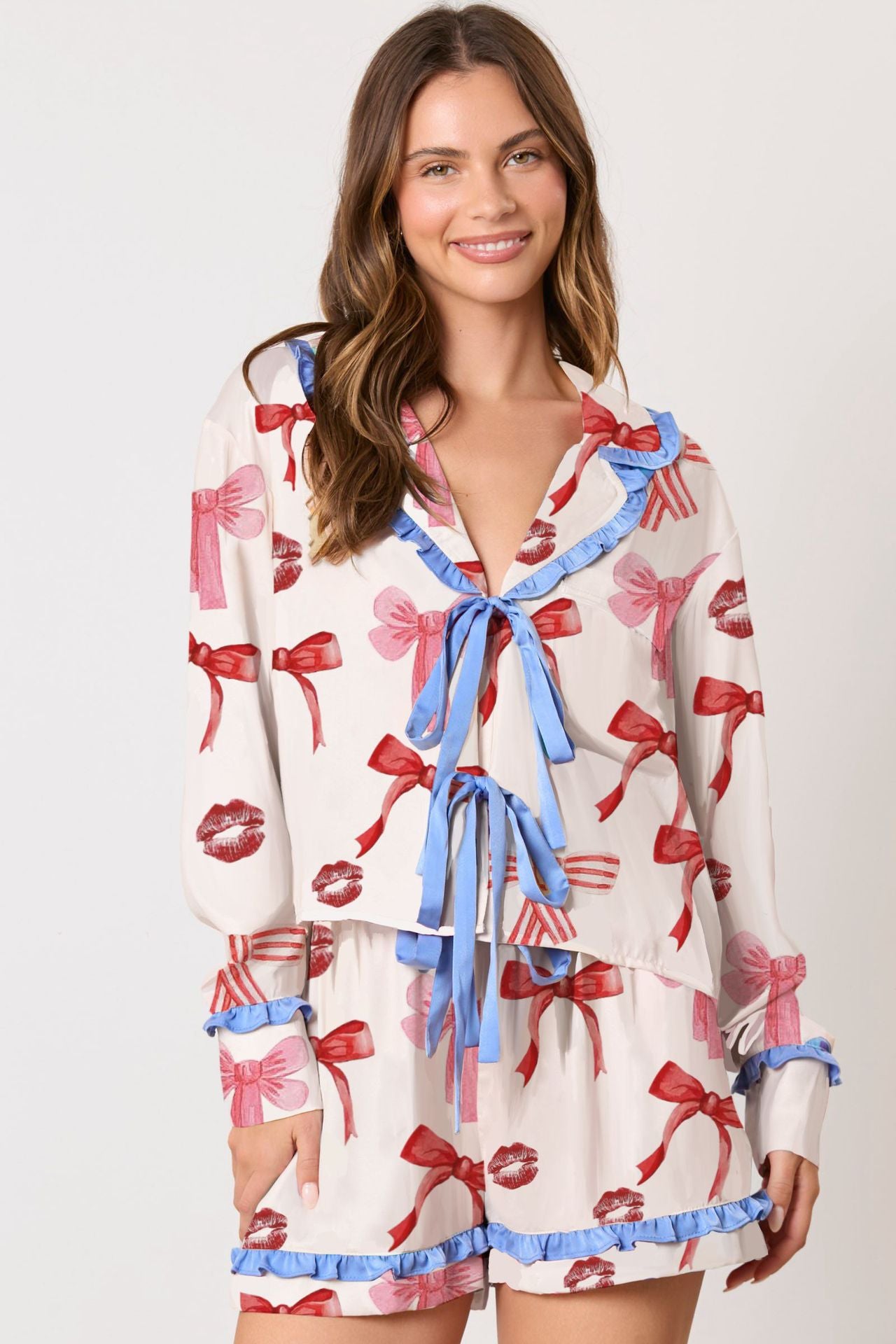 Wholesale Thin Print Valentine's Day Ruffle Long Sleeve Two-Piece Pajama Casual Set
