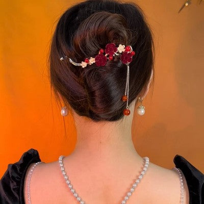 Wholesale tassel one-word hairpin back head plum blossom clip metal frog buckle twist clip headdress