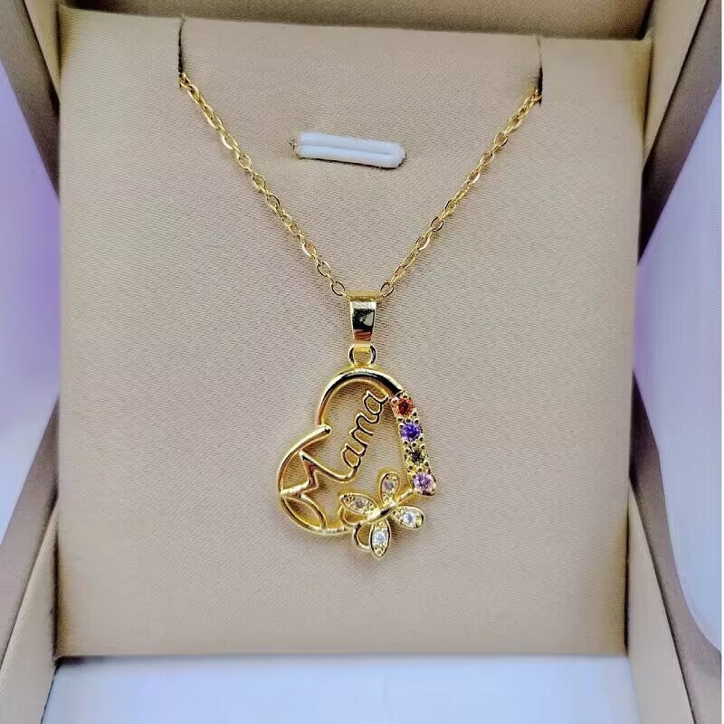 Wholesale Heart-Shaped Colored Diamond Mom Necklace Mother' s Day Gift Mom Letter Necklace