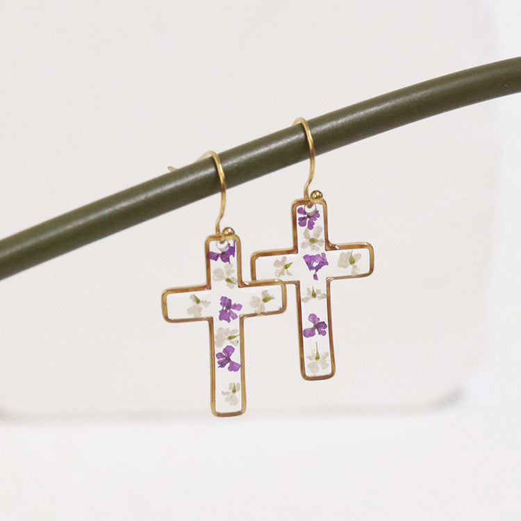 Wholesale 6pcs Resin Natural Dried Flower Cross Earrings