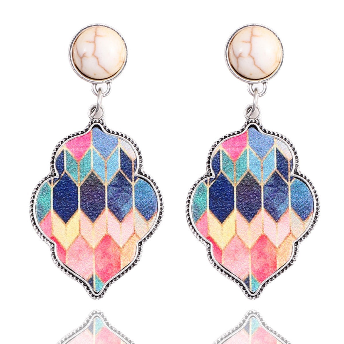 Wholesale Leather Alloy Turquoise Color Quadrilateral Earrings