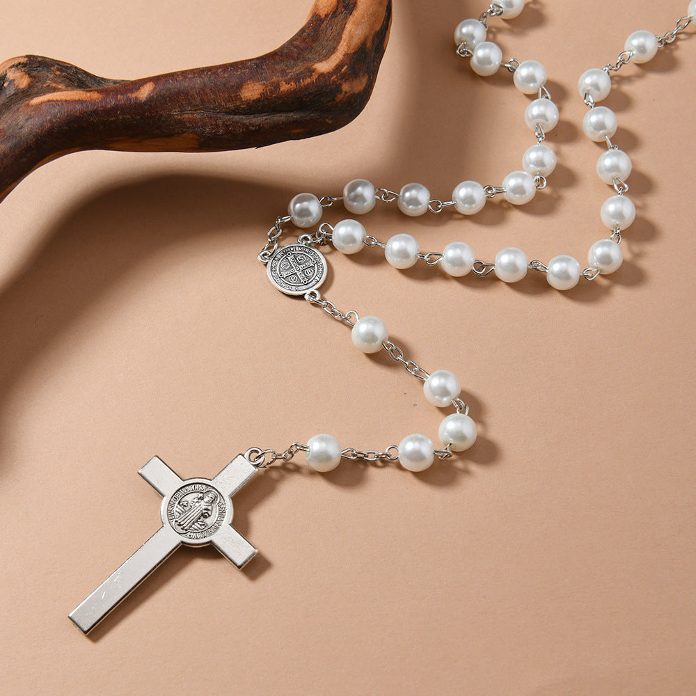 Wholesale Glass Imitation Pearl Cross Rosary Necklace