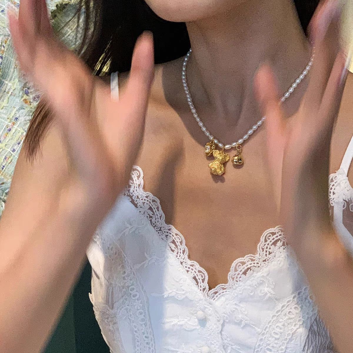 Wholesale Bear Heart Freshwater Pearl Zircon Multi Pendant Necklaces