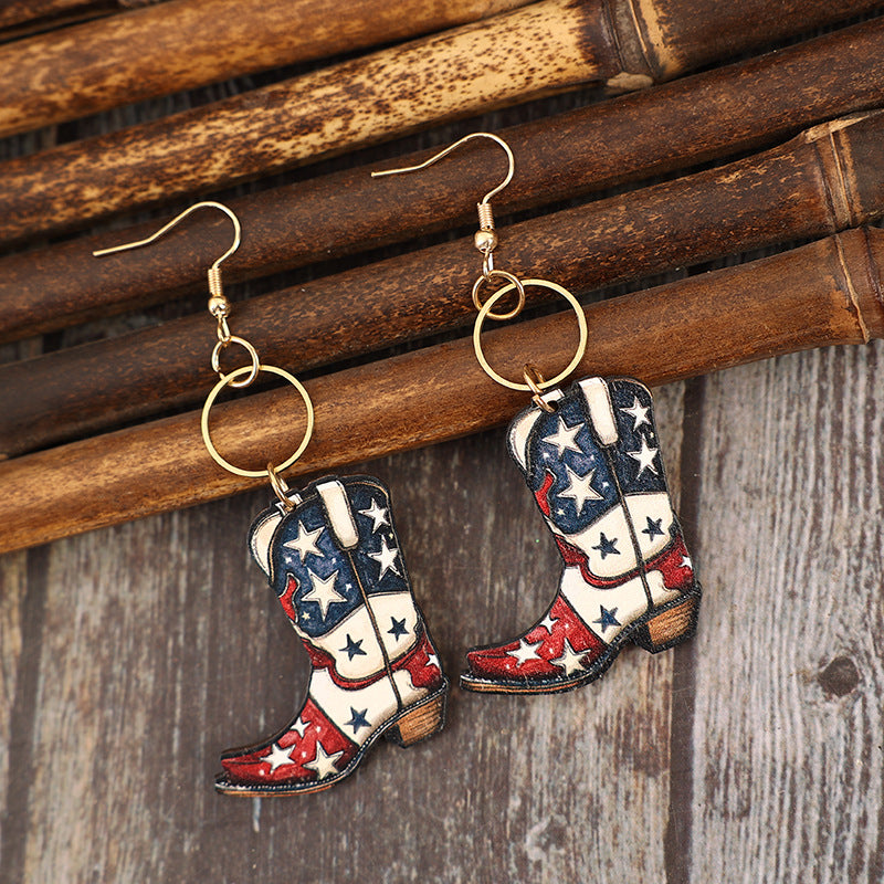 Wholesale Independence Day Retro Western Boots Star Print Wooden Earrings Fashion Jewelry Accessory Gift