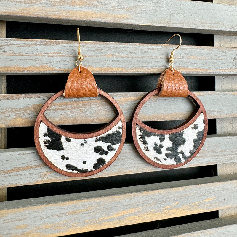 Wholesale Western Leather Circular Geometric Hollow Inlaid with Leopard Print Classic Exaggerated Earrings