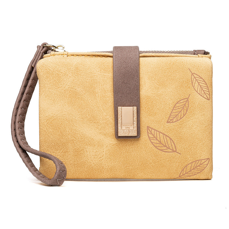 Wholesale Short Matte Leaf Buckle Vertical Zipper PU Wallet