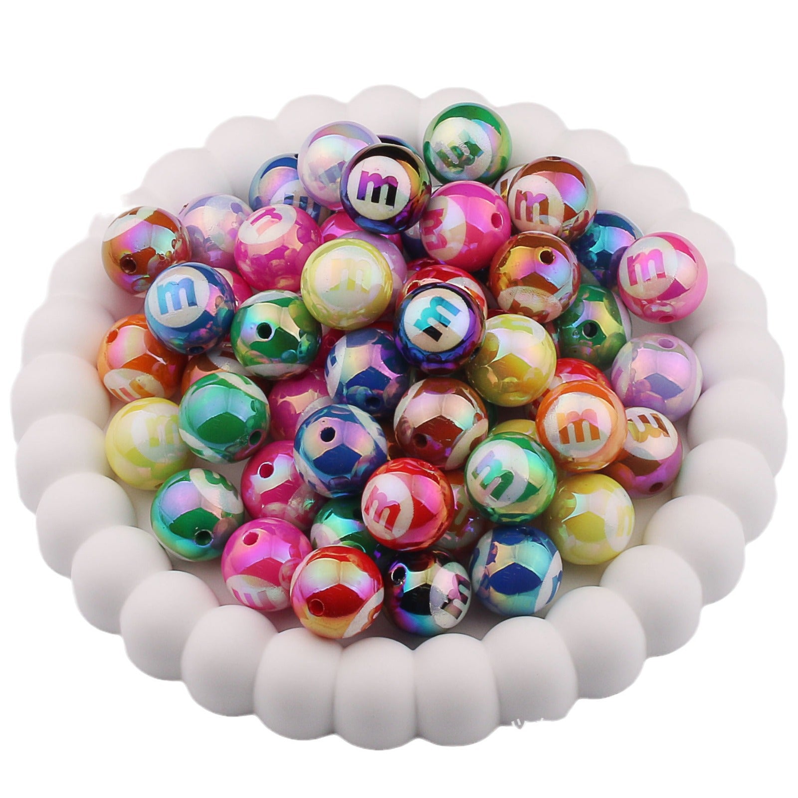 Wholesale 20pcs Acrylic UV Plating Engraving M Bean Straight Hole Two-color DIY Beads
