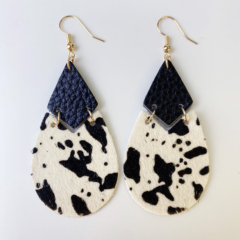 Wholesale 2pcs Cow Grain Leather Top Layer Cowhide Round Water Droplet Cow Head Retro Horsehair Quality Texture Fashionable Earrings