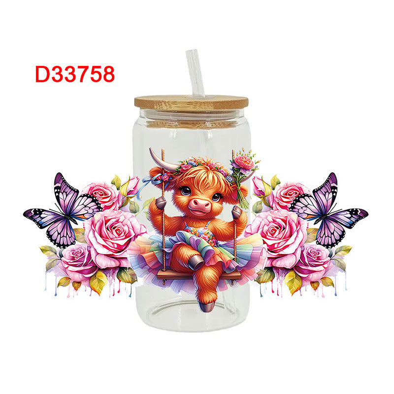 Wholesale Colorful flowers Western style cute cow 16oz Cup UV DTF Wraps