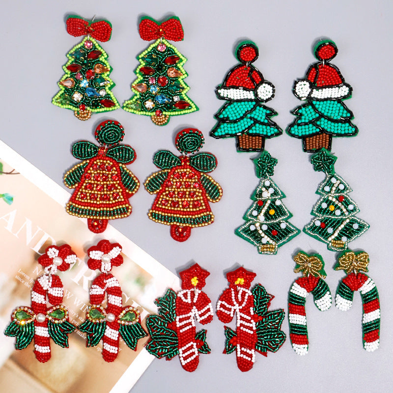 Wholesale Christmas Bells Candy Canes Sweet and Cute Rice Beads Hand-woven Earrings