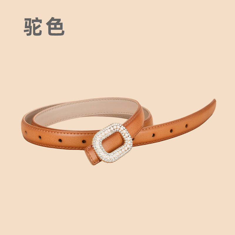 Wholesale Versatile Genuine Leather Belt with Round Buckle Inlaid with Pearls and Rhinestones